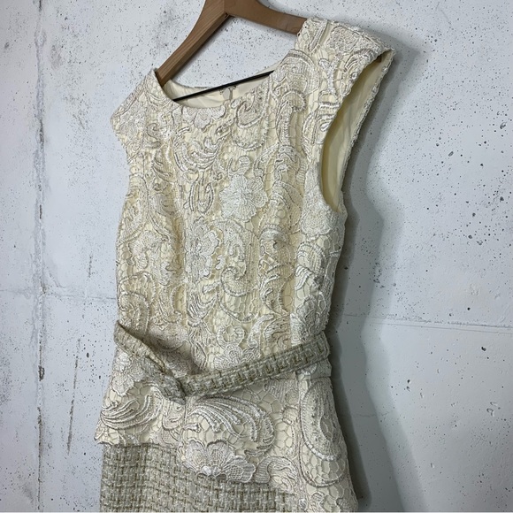 Badgley Mischka Lace And Tweed Gold Metallic Dress Size 8 - Picture 4 of 16
